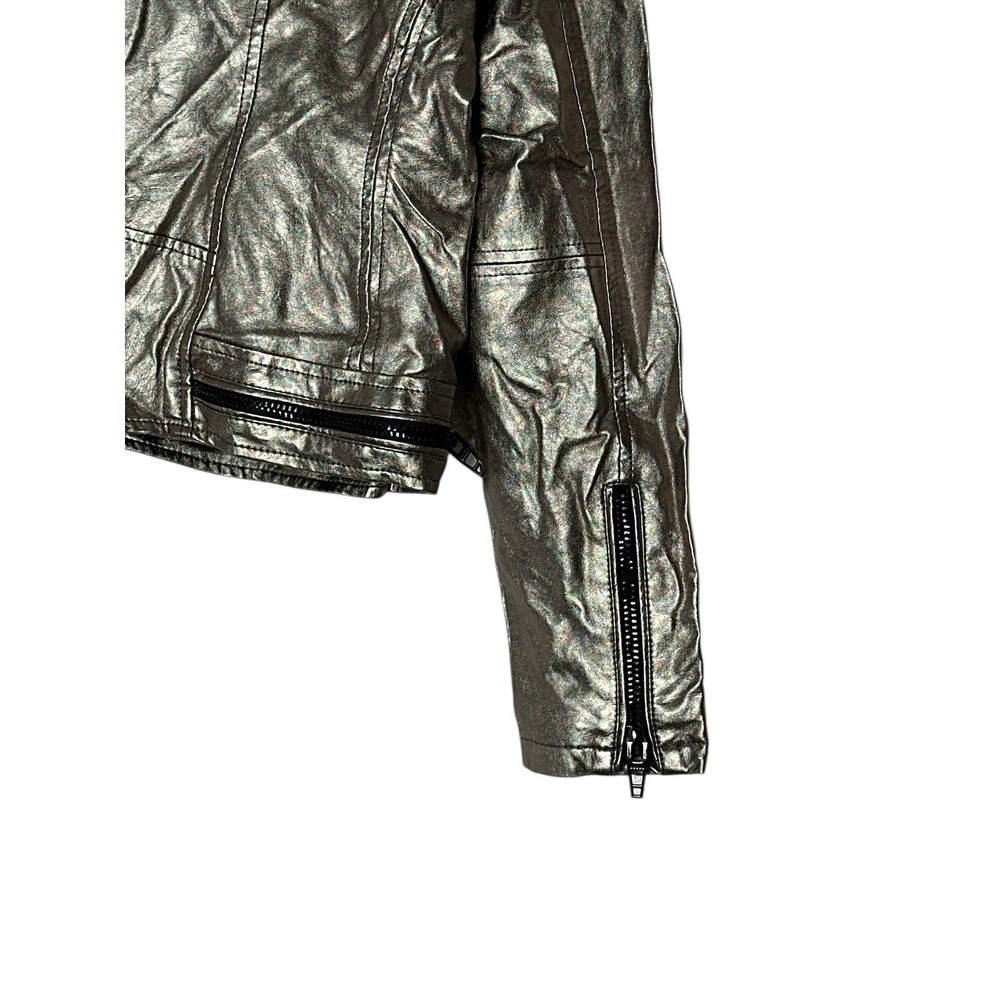 New Blank NYC Jacket Women's XS Silver Faux Leather Pockets Moto Crop Outdoor - Picture 11 of 13